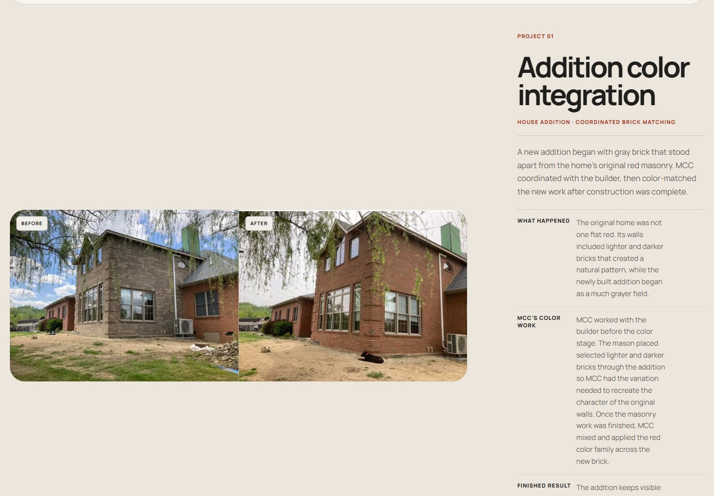Masonry Color Corrections’ gallery website showing a masonry project and its before-and-after comparison.
