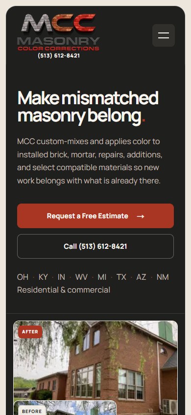 Masonry Color Corrections website opening at a mobile viewport.