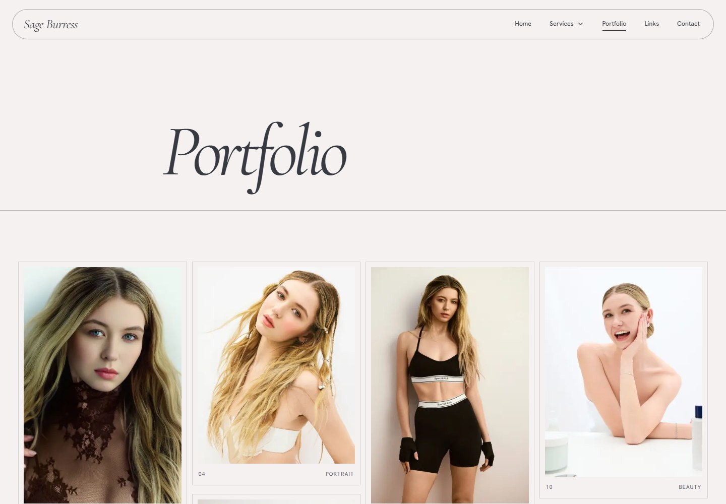 Sage Burress’s portfolio website with an editorial grid of photographs.