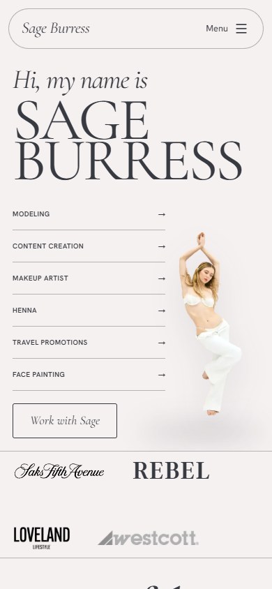 Sage Burress website opening at a mobile viewport.